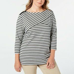 Karen Scott Women Plus Boat Neck 3/4 Sleeve Striped Crossover Shirt Top Gray